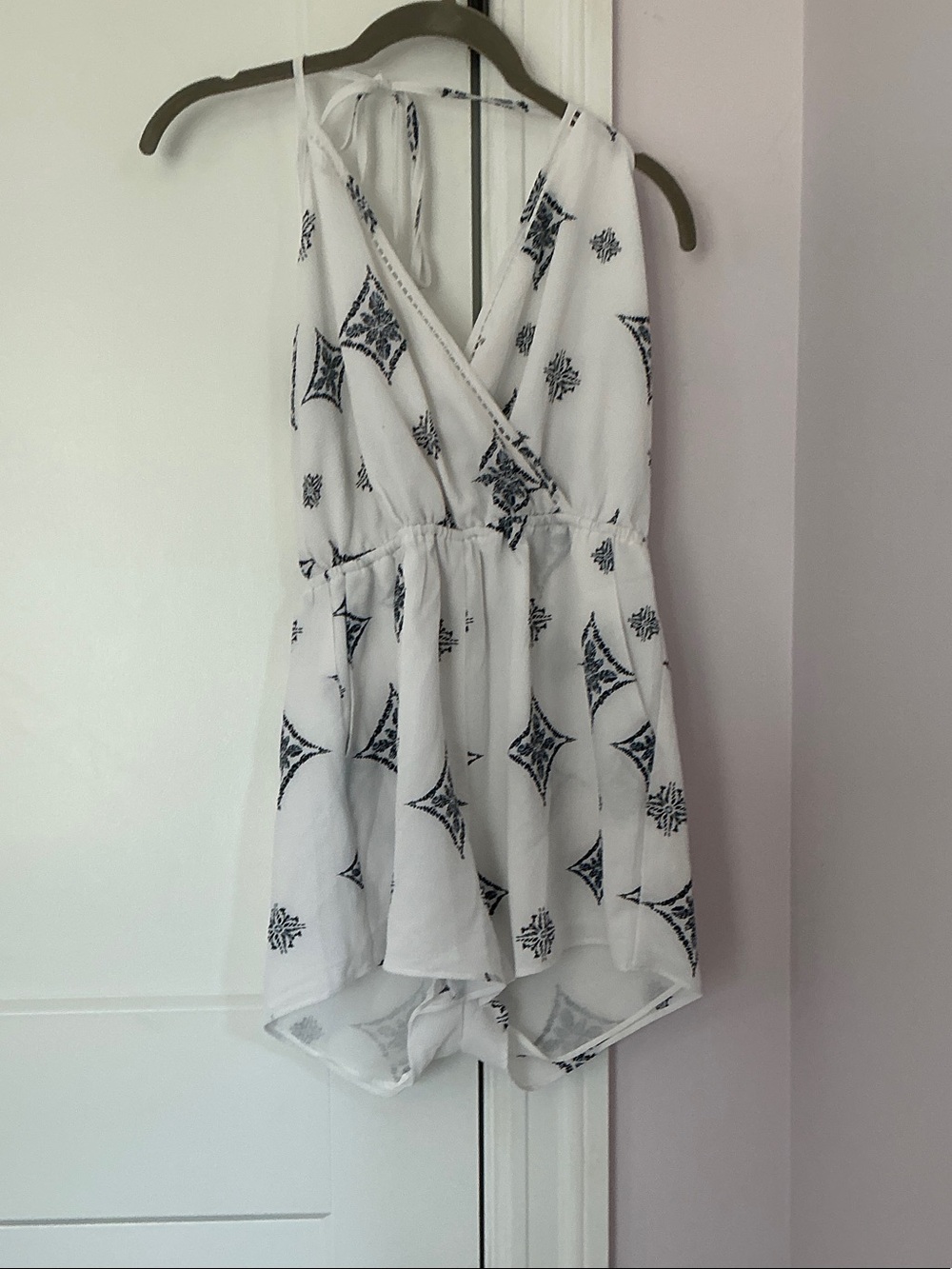 Aqua White Top with Navy Geometric Motif
